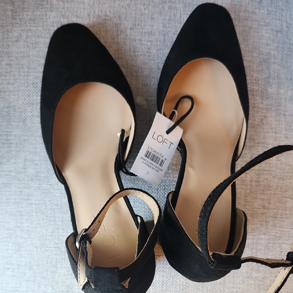 LOFT Black Flats with Ankle Strap and Rounded Toe